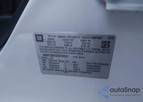 2016 Chevrolet Equinox Ltz from USA, damaged, VIN 2GNFLGEK3G6209391